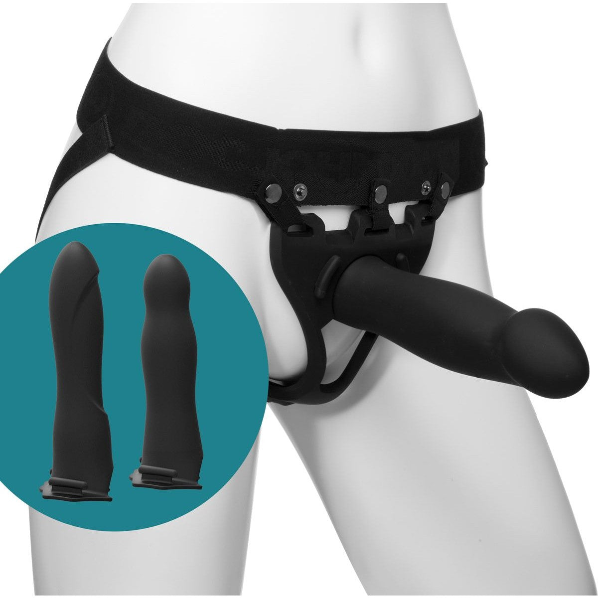 Body Extensions Be Ready 4-Piece Hollow Silicone Strap-On Set, On Display, Front View