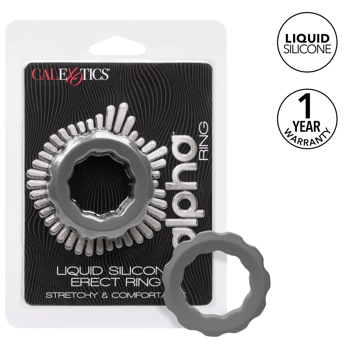 CalExotics Alpha Liquid Silicone Erect Ring, Product Package with Penis Ring and Features