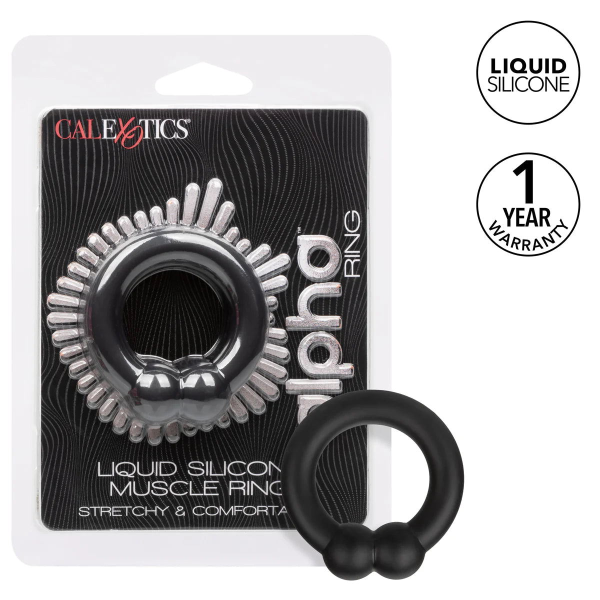CalExotics Alpha Liquid Silicone Muscle Ring, Product Package with Penis Ring and Features
