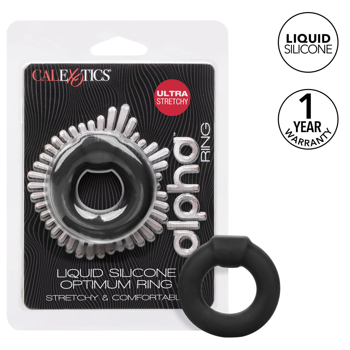 CalExotics Alpha Liquid Silicone Optimum Ring, Product Package with Penis Ring and Features