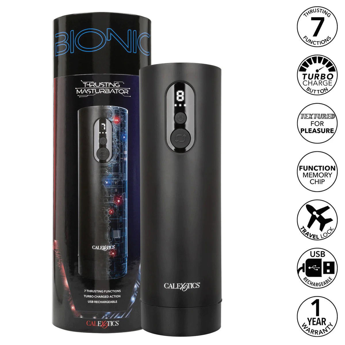 CalExotics Bionic Thrusting Masturbator, Product Box with Stroker and Features