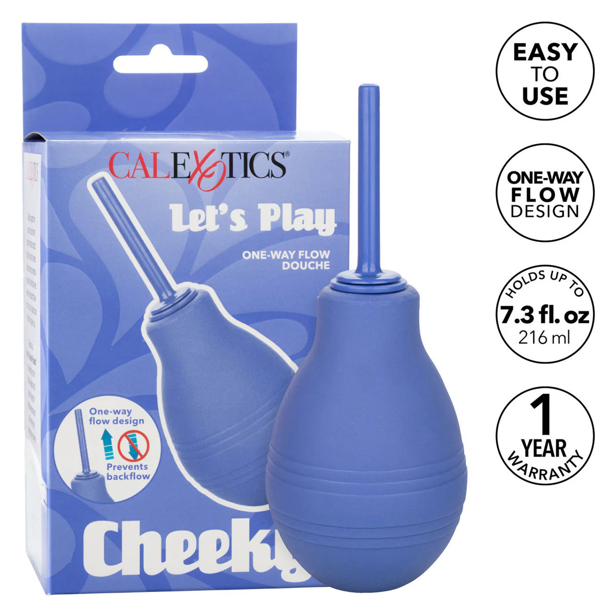 CalExotics Cheeky One Way Flow Douche,  Product Box and Features