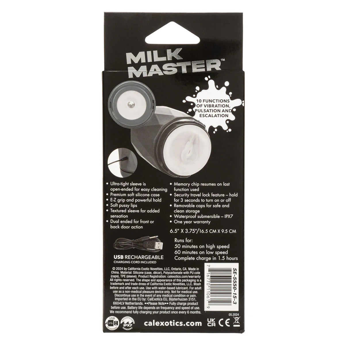 CalExotics Milk Master Vibro Squeeze Pussy, Product Box, Back