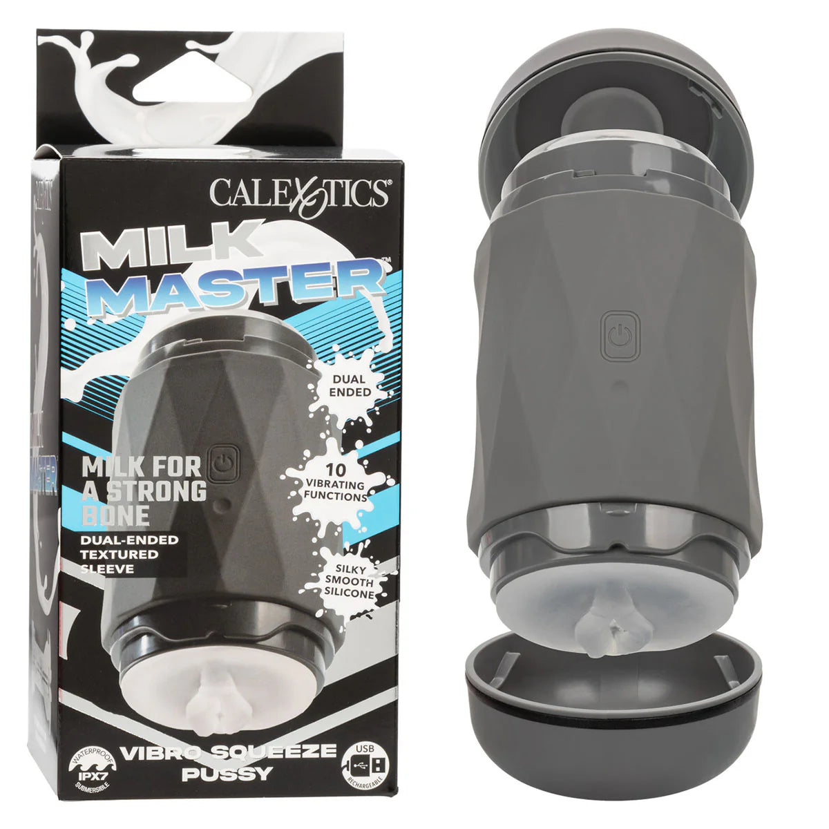 CalExotics Milk Master Vibro Squeeze Pussy, Product Box with Stroker Caps Removed