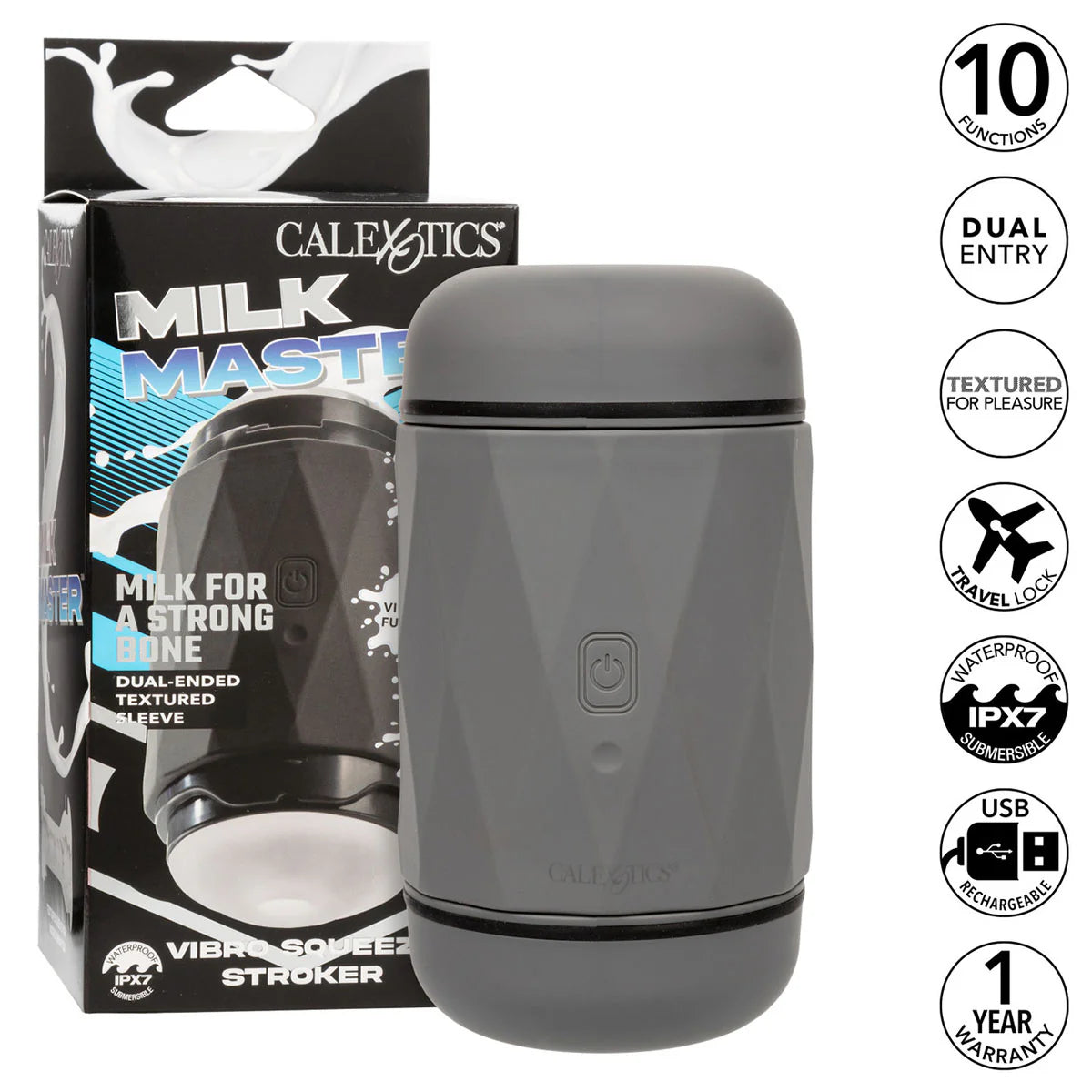 CalExotics Milk Master Vibro Squeeze Pussy, Product Box with Stroker and Product Features