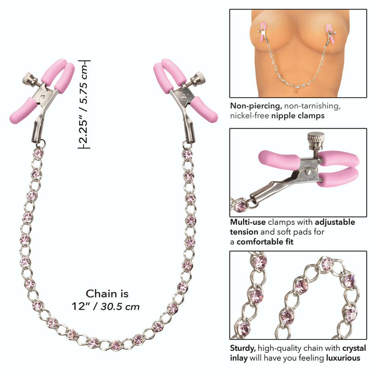 Nipple Play Crystal Chain Nipple Clamps, Pink, Product Details