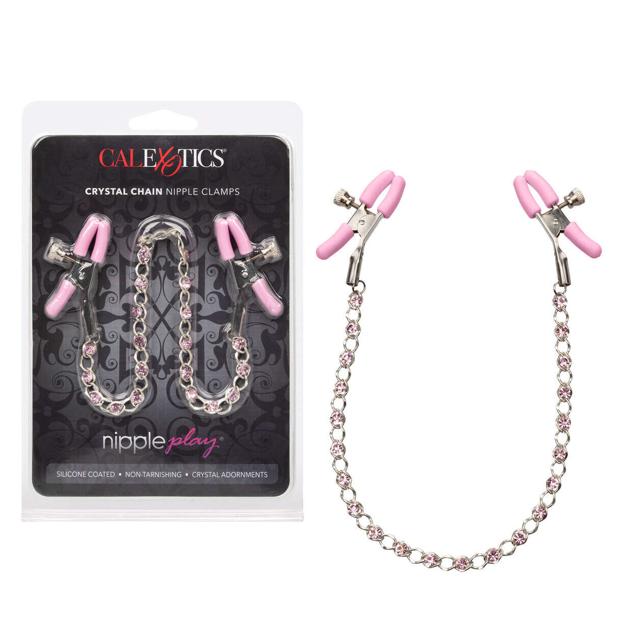 Nipple Play Crystal Chain Nipple Clamps, Pink, Product Package and Nipple Clamps