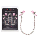 Nipple Play Crystal Chain Nipple Clamps, Pink, Product Package and Nipple Clamps