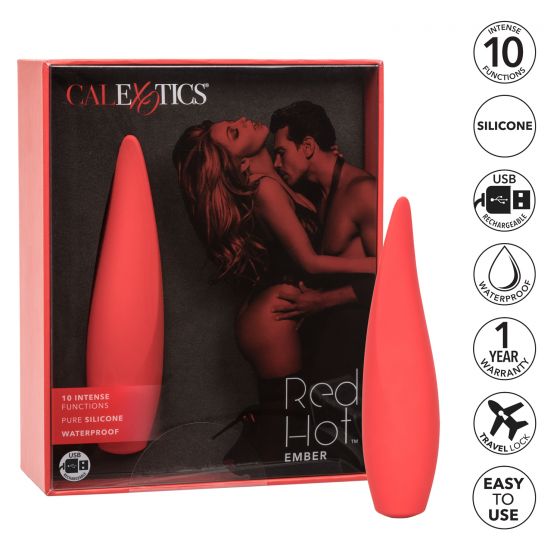 Red Hot Silicone Vibrator, Ember, Product Box and Features