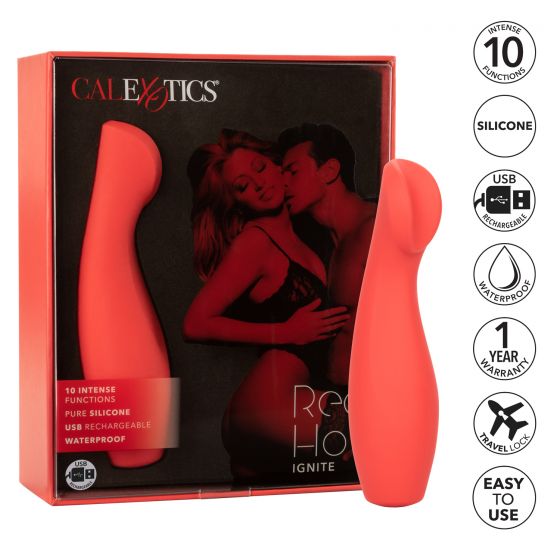 Red Hot Silicone Vibrator, Ignite, Product Box and Features