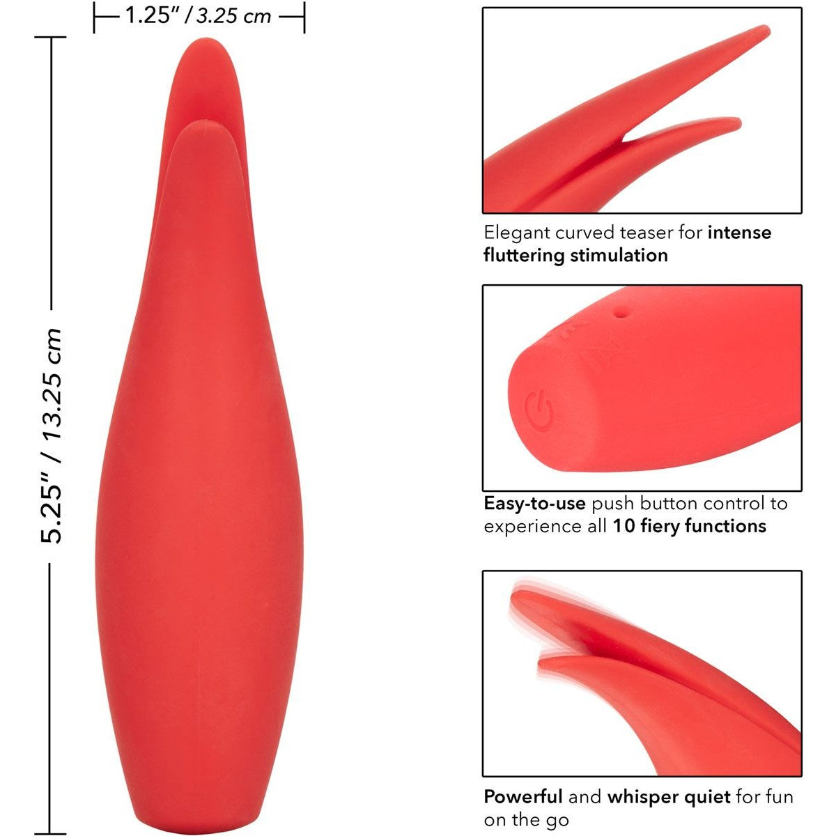 Red Hot Silicone Vibrator, Sizzle, Product Measurements and Features