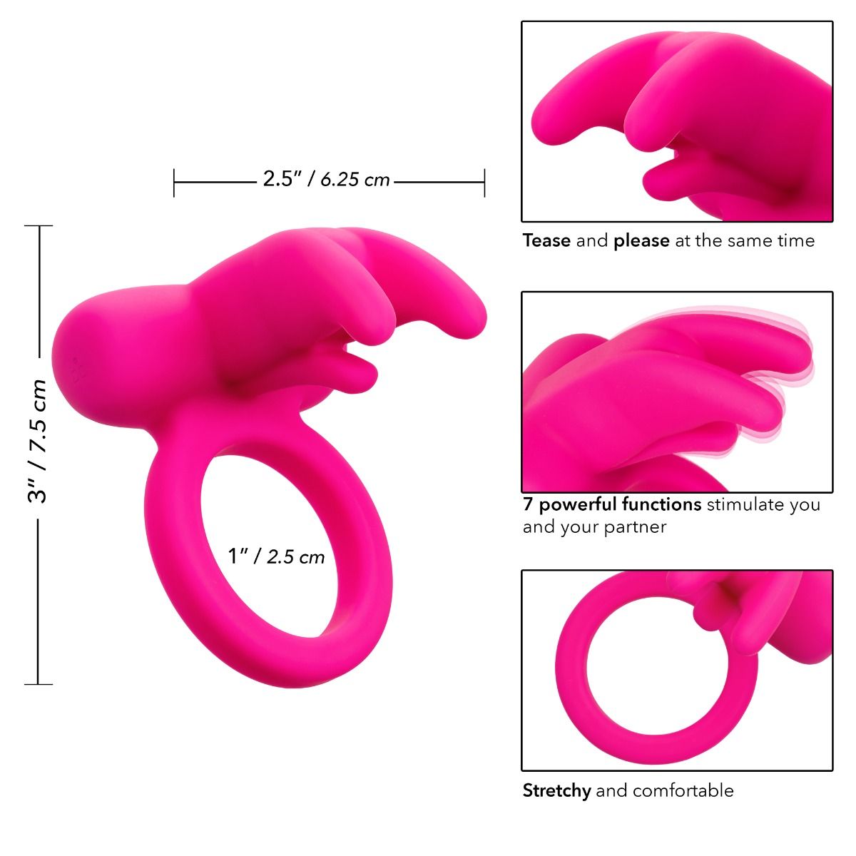 CalExotics Silicone Rechargeable Triple Clit Flicker Cock Ring, Product Measurements and Details