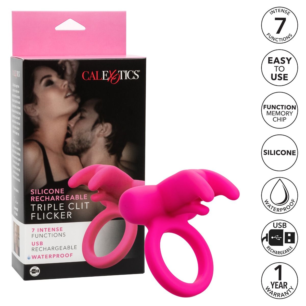 CalExotics Silicone Rechargeable Triple Clit Flicker Cock Ring, Product Box and Features