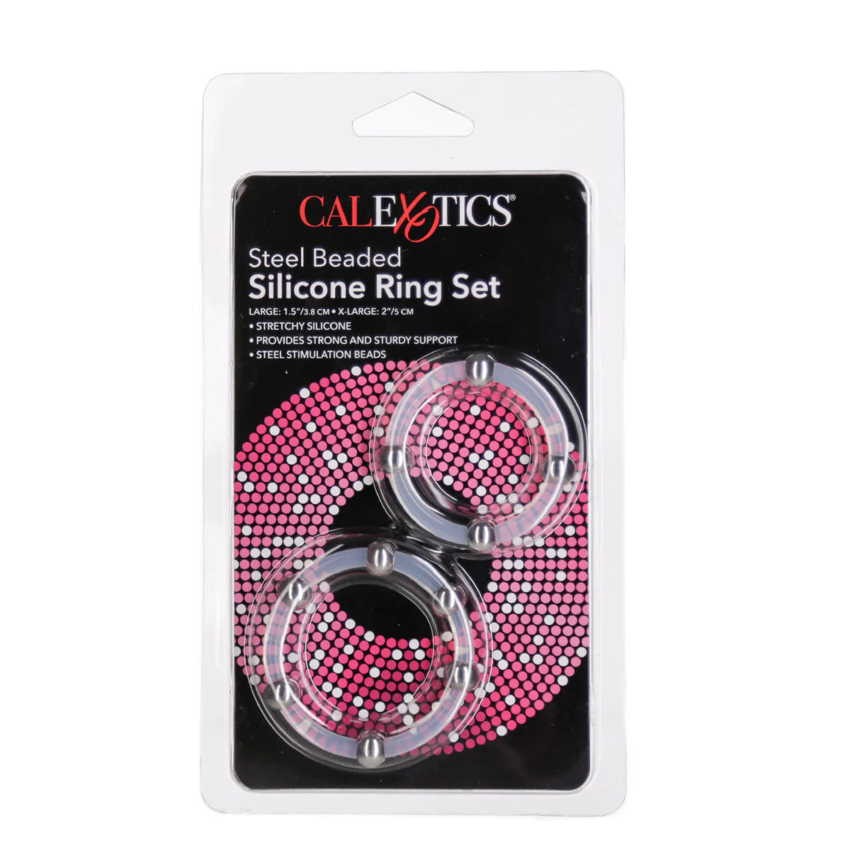 CalExotics Steel Beaded Silicone Cock Ring Set, Product Package, Front View