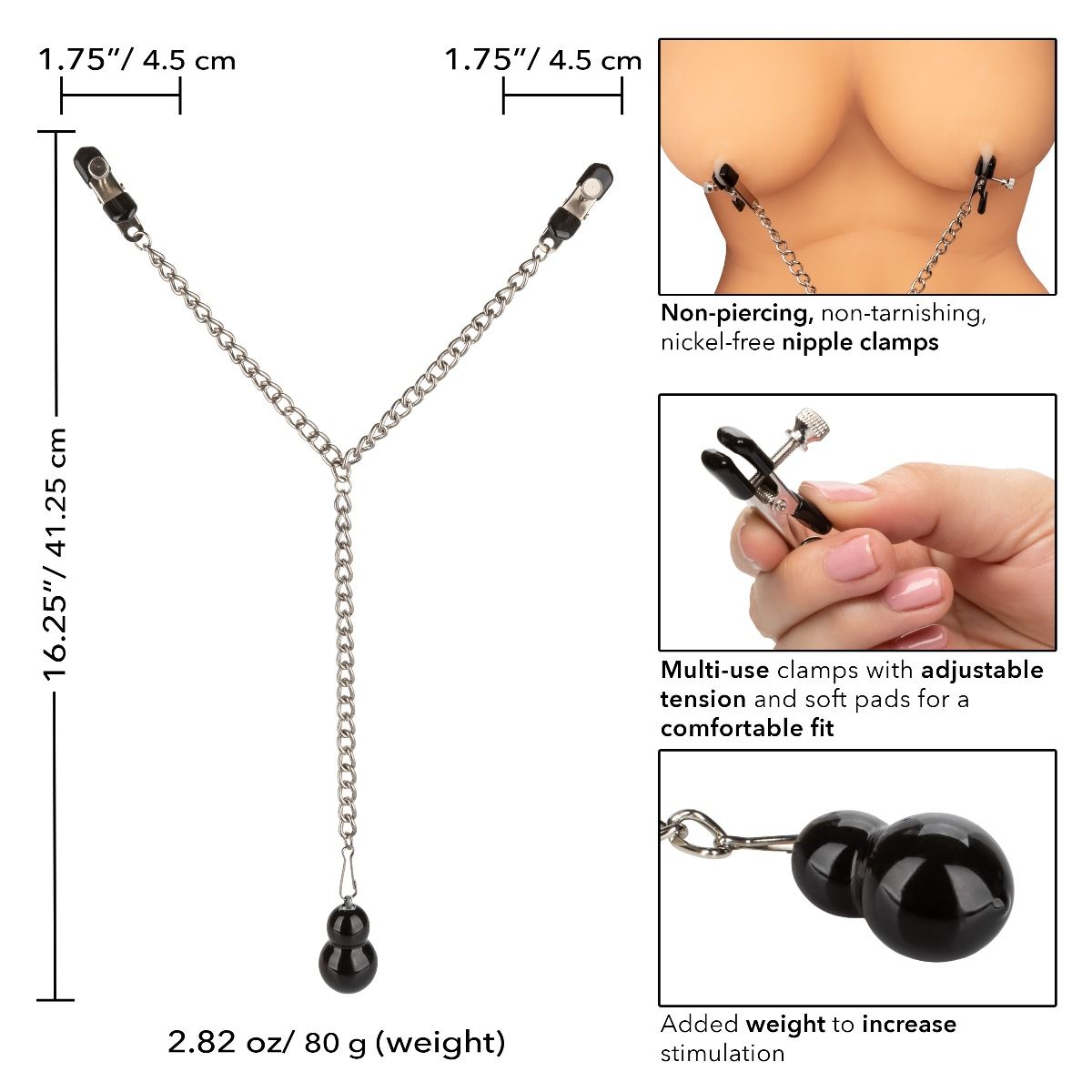 CalExotics Weighted Dual Tier Nipple Clamps, Product Measurements and Details