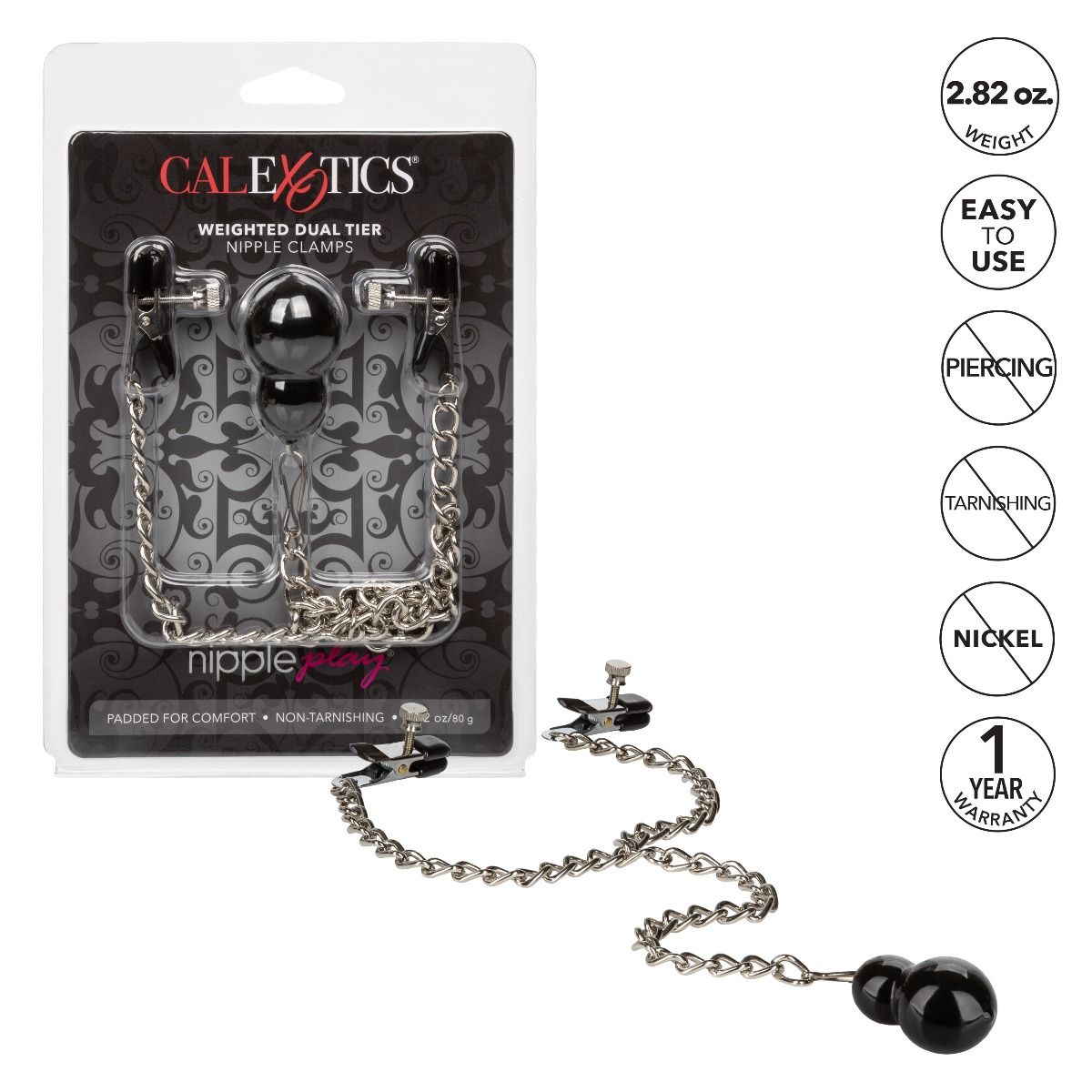 CalExotics Weighted Dual Tier Nipple Clamps, Product Package and Features