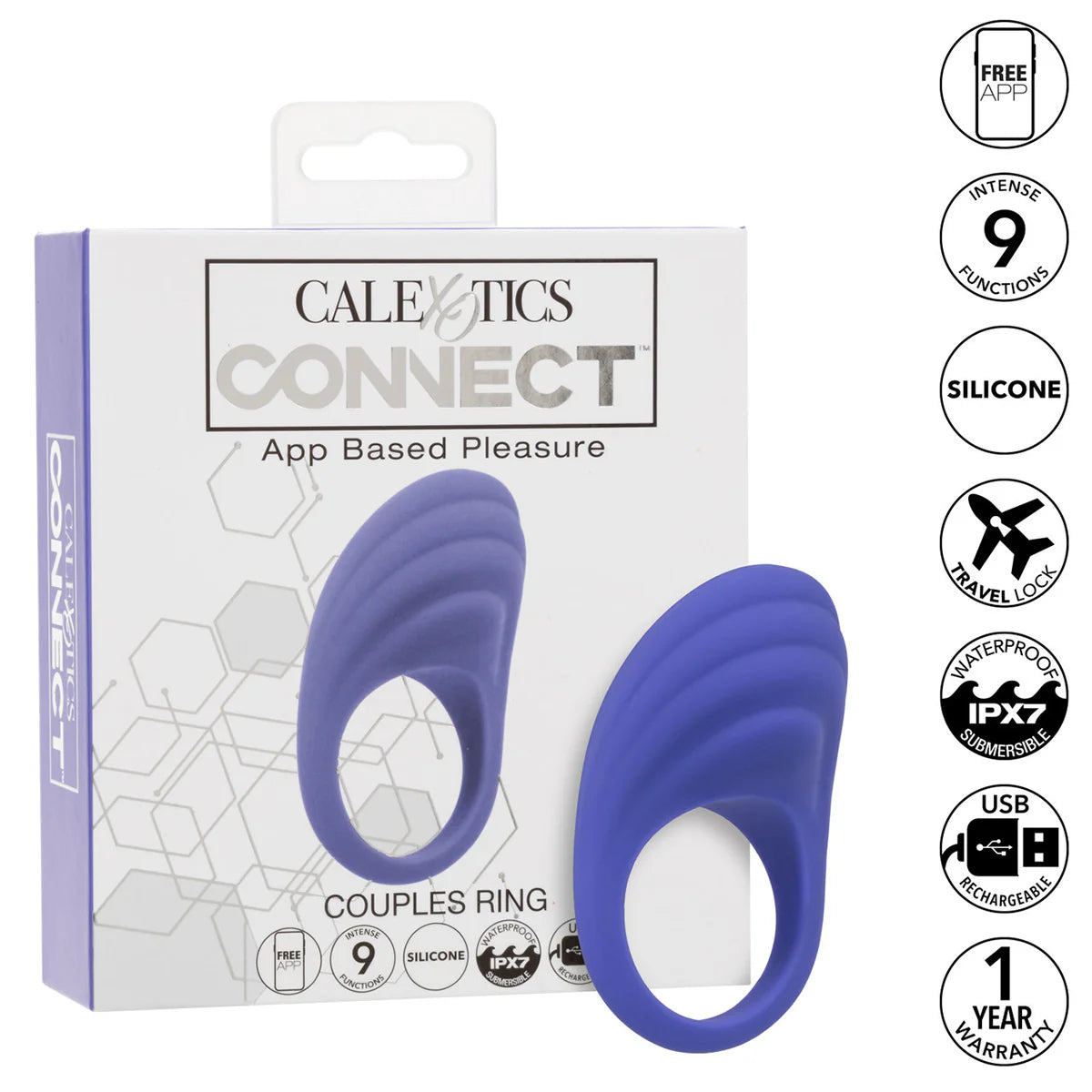 Calexotics Connect Vibrating Couples Ring, Product Box and Features