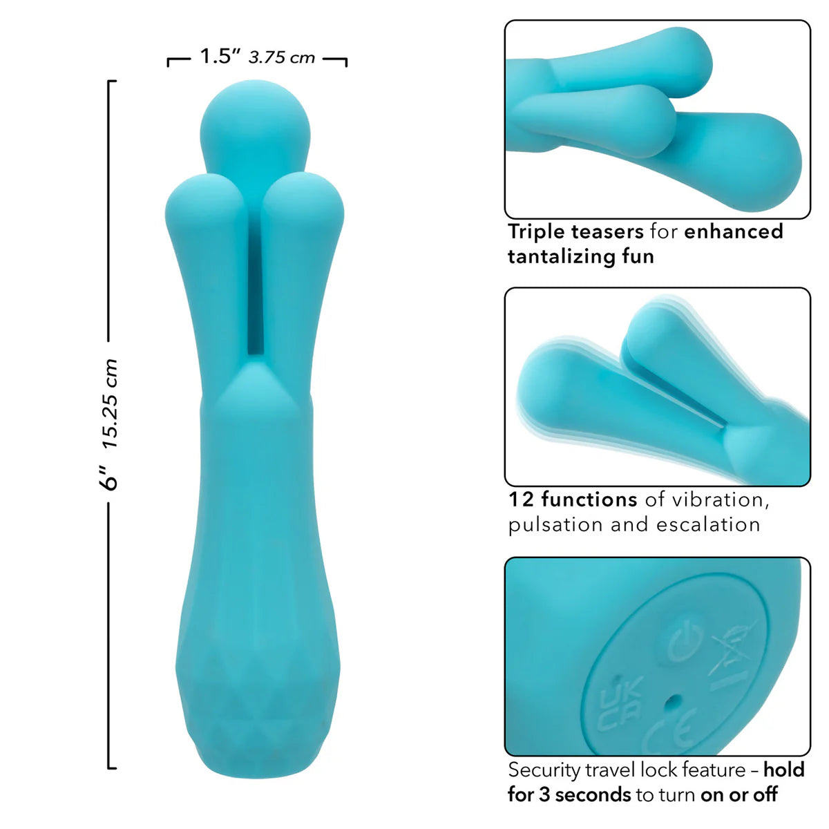 Calexotics Gia Triple Teaser Clitoral Vibrator, Product Measurements and Details