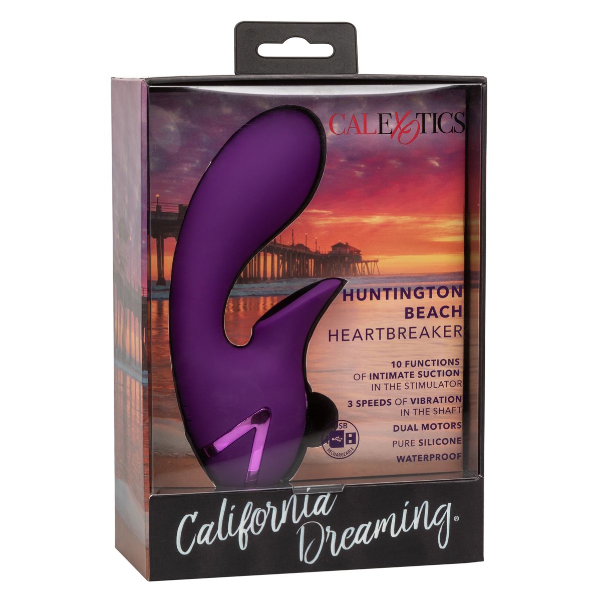 California Dreaming Huntington Beach Heartbreaker Rabbit Vibrator, Product Box, Front Right Angle
