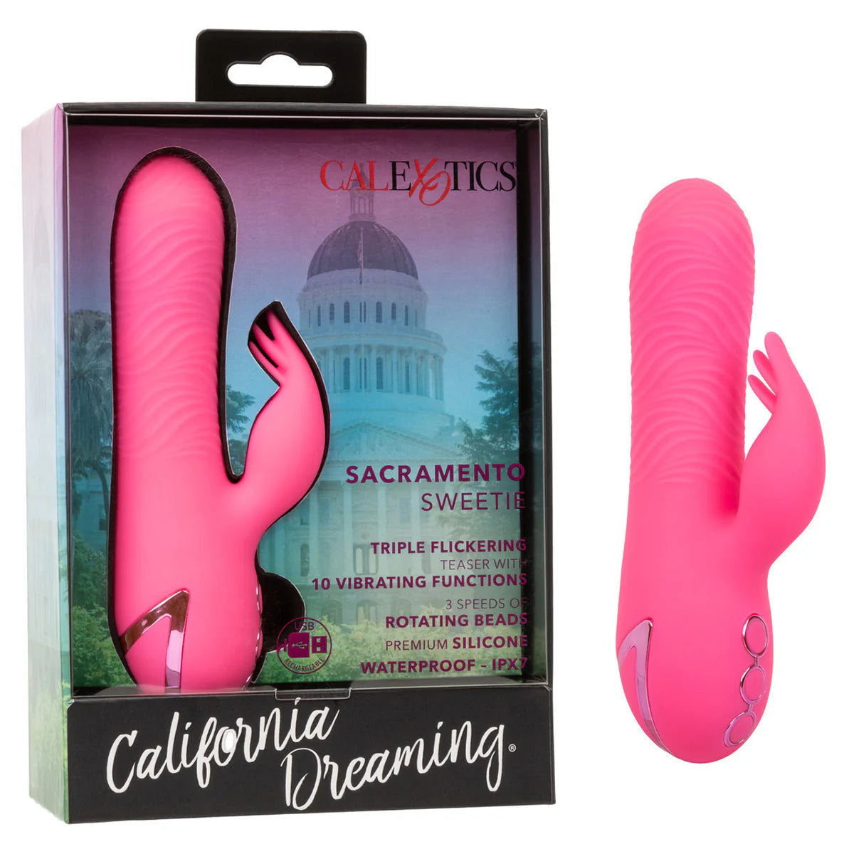California Dreaming Sacramento Sweetie Vibrator, Product Box with Vibrator