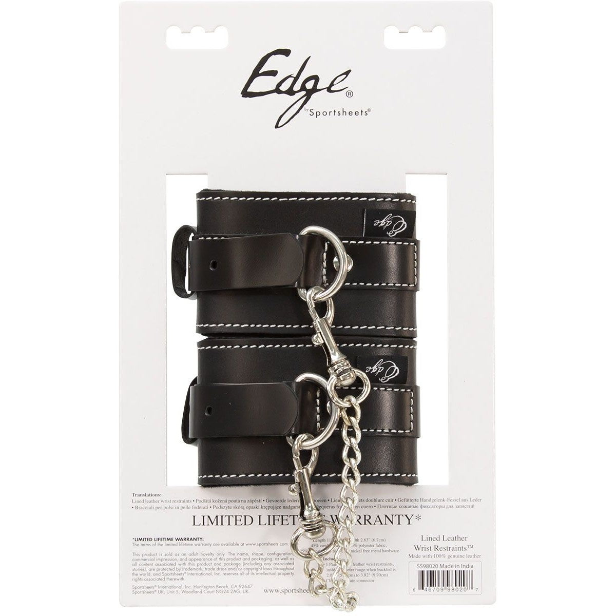 Edge Lined Leather Wrist Restraints, Product Package, Back