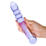 Glas 9-Inch Purple Rain Ribbed Glass Dildo, Product in Hand