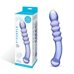 Glas 9-Inch Purple Rain Ribbed Glass Dildo, Product Box and Toy