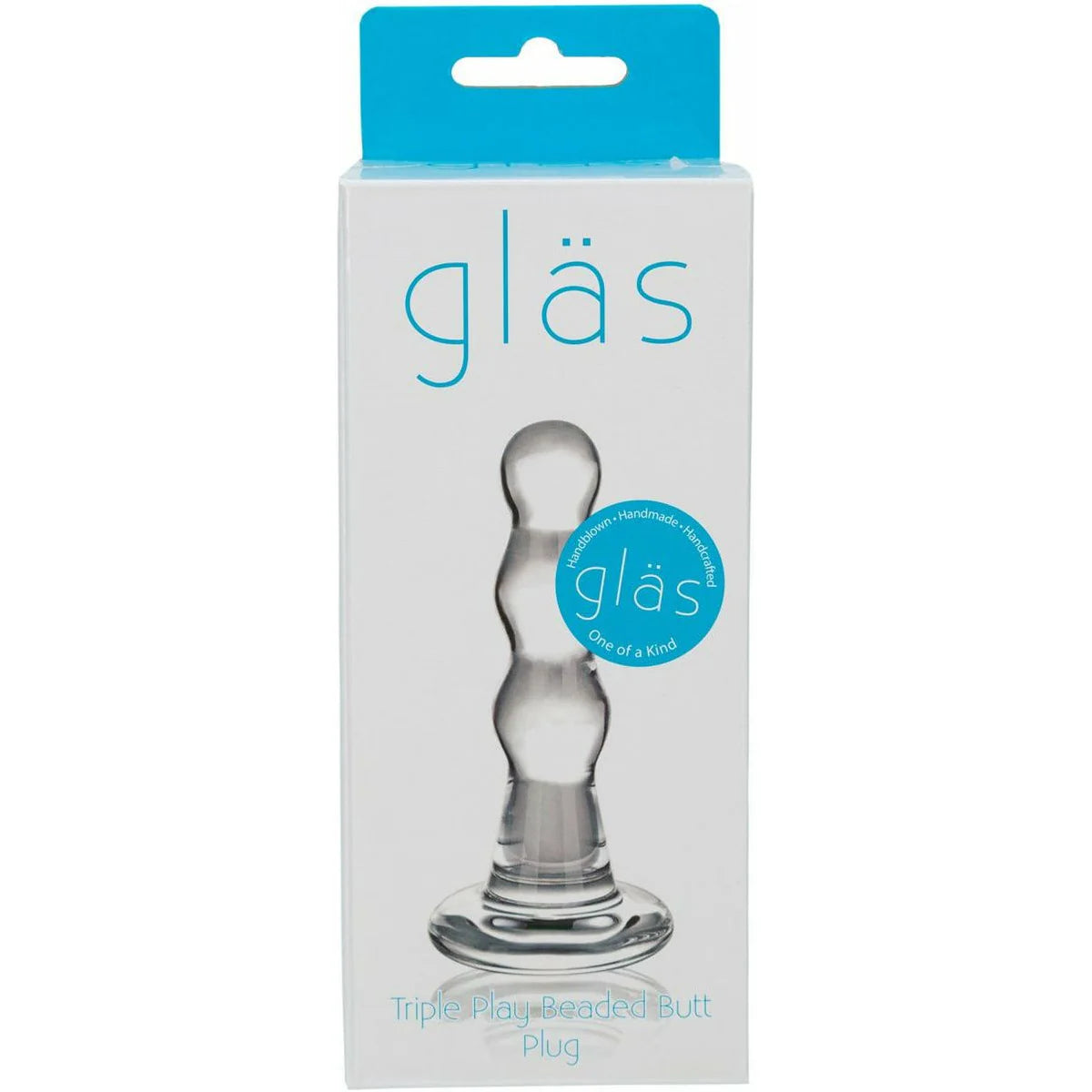 Glas Triple Play Beaded Glass Butt Plug, Product Box, Front View