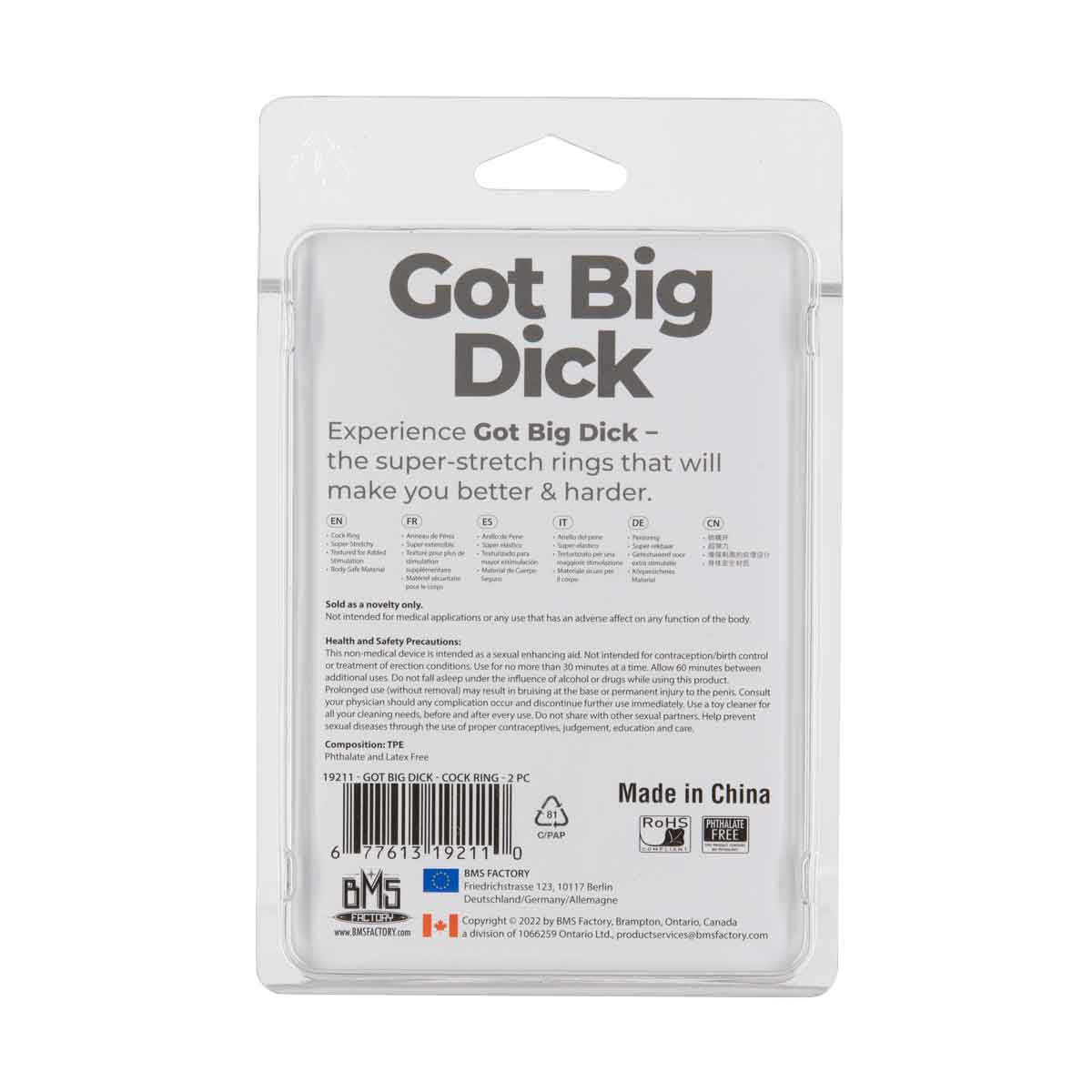 Got Big Dick 2-Pack Super-Stretch Cock Rings, Smoke Grey, Product Package, Back