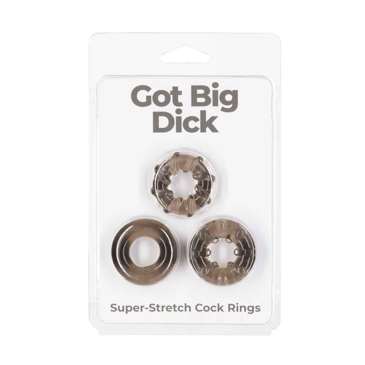 Got Big Dick 3-Pack Super-Stretch Cock Rings, Smoke Grey, Product Package, Front