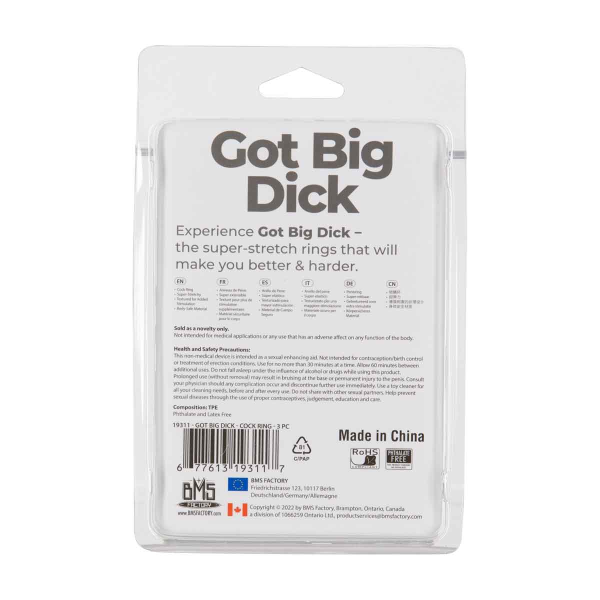 Got Big Dick 3-Pack Super-Stretch Cock Rings, Smoke Grey, Product Package, Back
