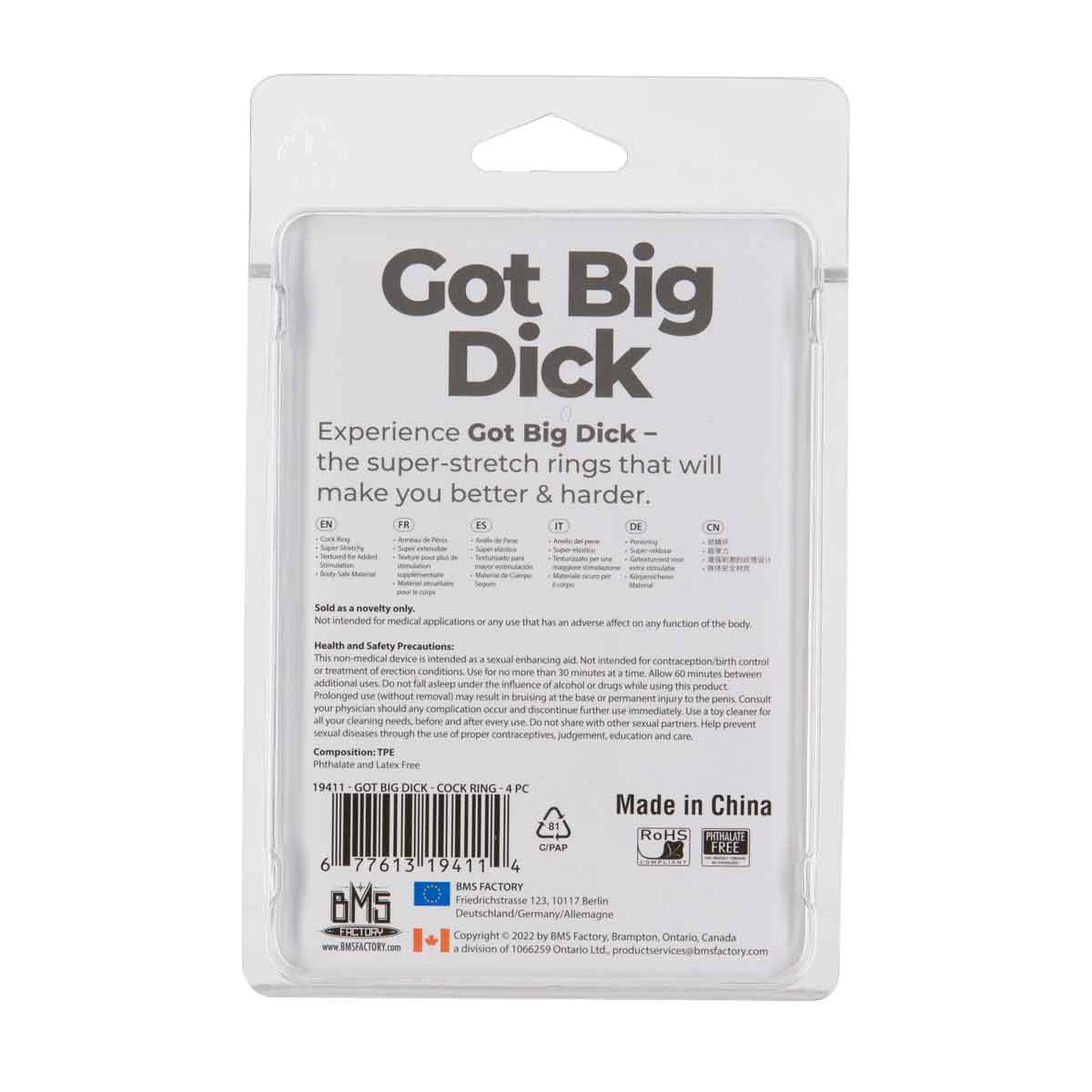 Got Big Dick 4-Pack Super-Stretch Cock Rings, Smoke Grey, Product Package, Back