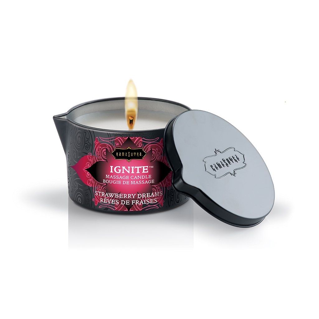 Kama Sutra Ignite Massage Candle, Strawberry Dreams, Product Image, Flame  Lit