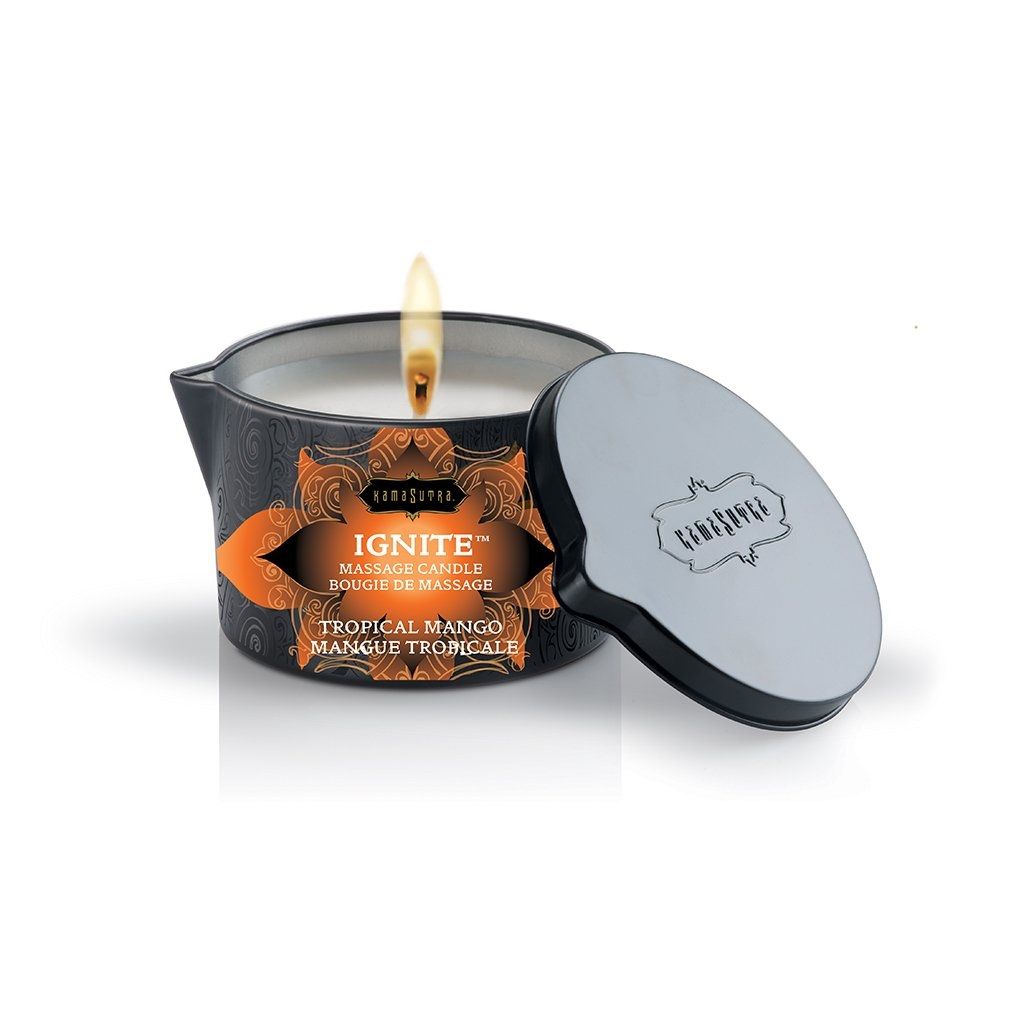 Kama Sutra Ignite Massage Candle, Tropical Mango, Product Image, Flame Lit
