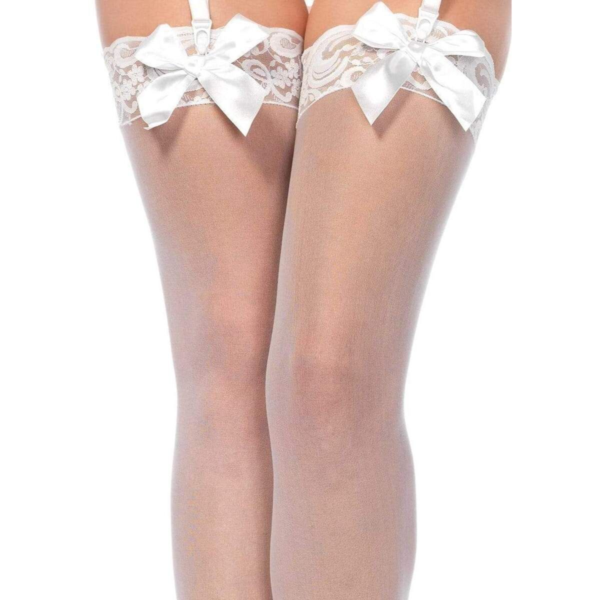 Leg Avenue Bunny Sheer Thigh Highs, White, One Size, Stockings on Model, Close Up Leg View