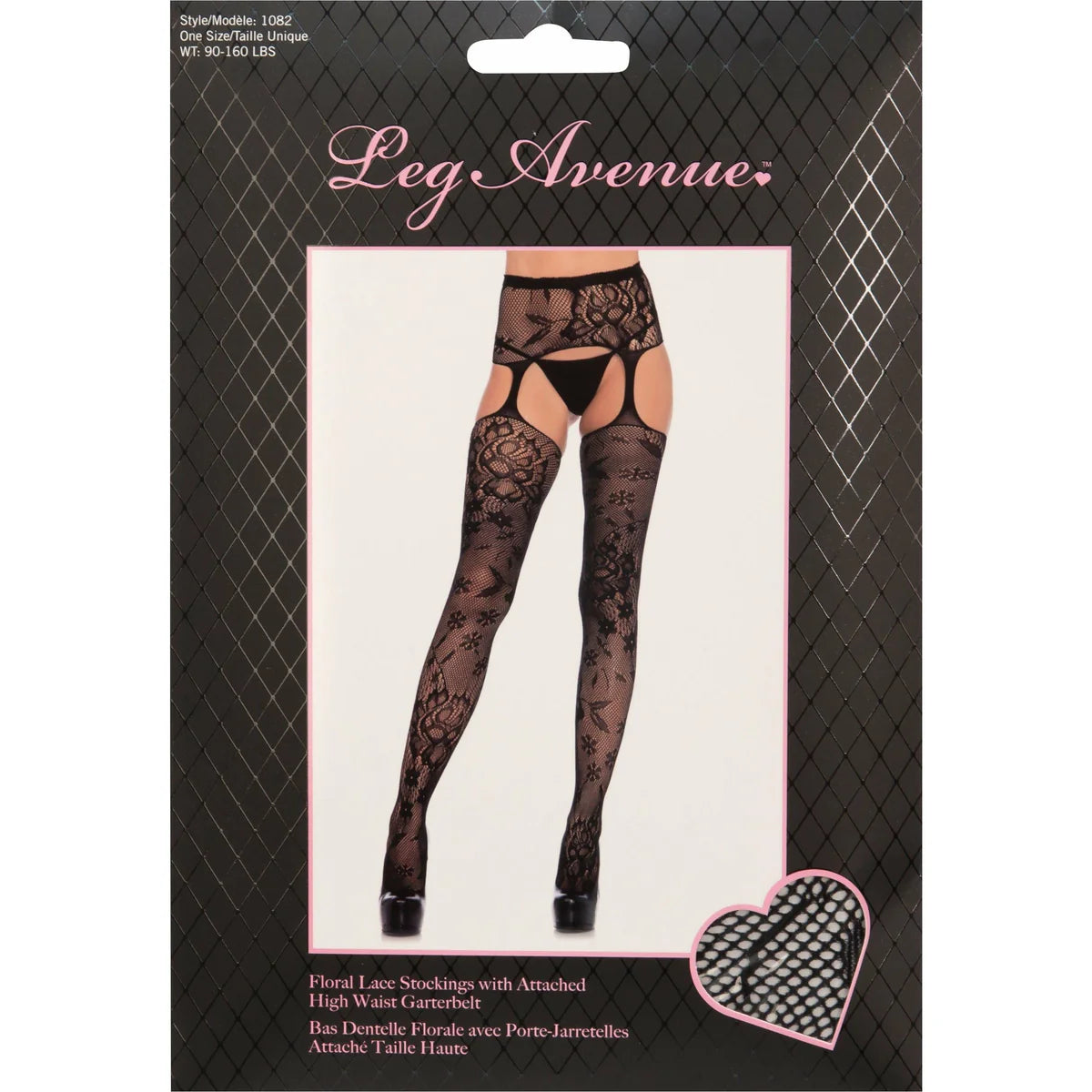Leg Avenue Chelsea Floral Lace Garter Belt Stockings, Black, Product Box, Front