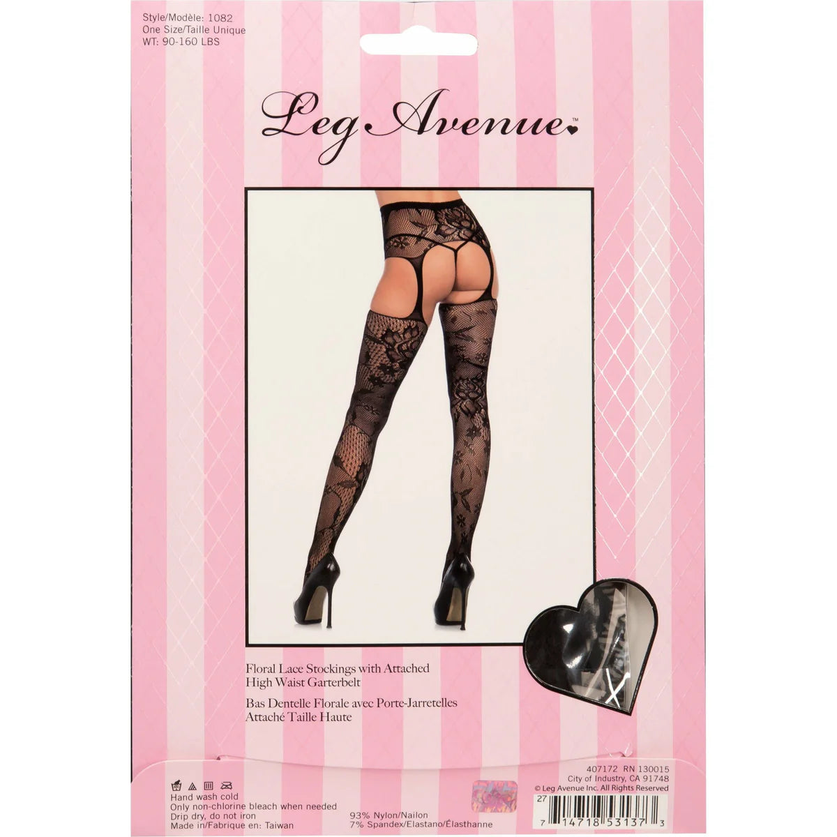 Leg Avenue Chelsea Floral Lace Garter Belt Stockings, Black, Product Box, Back
