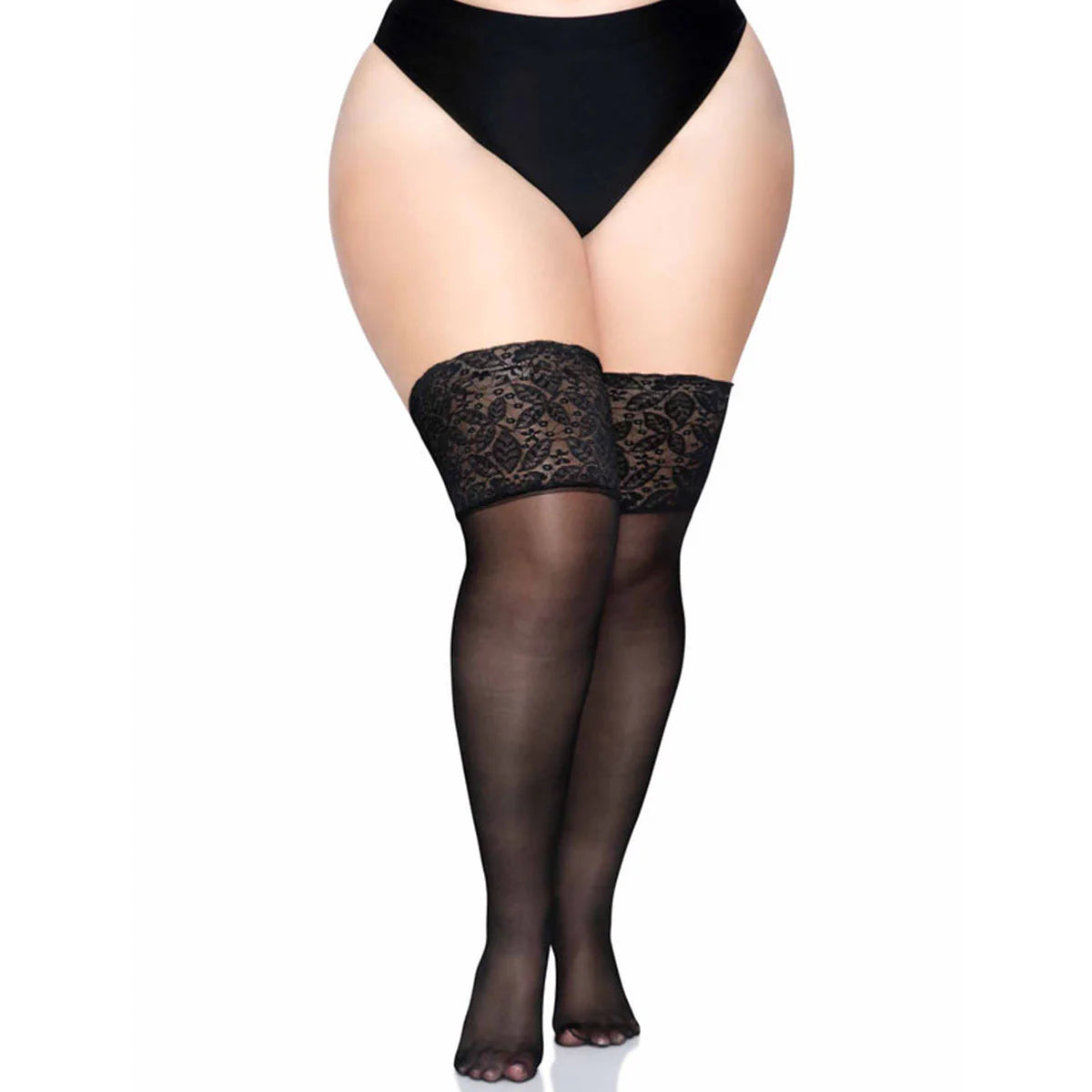 Leg Avenue Clara Plus Thigh High Stockings, Black, Plus Size, Thigh High Stockings on Model Without Heels, Full Leg Front View
