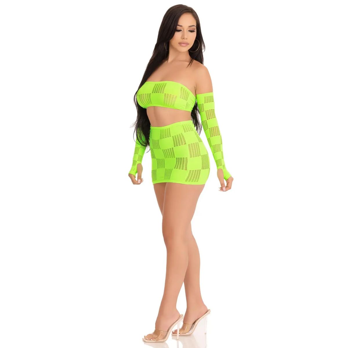 Leg Avenue Ego Trip Checkerboard Bandeau Set, Neon Green, One Size, Bandeau Set on Model With Left Foot Forward, Full Body View