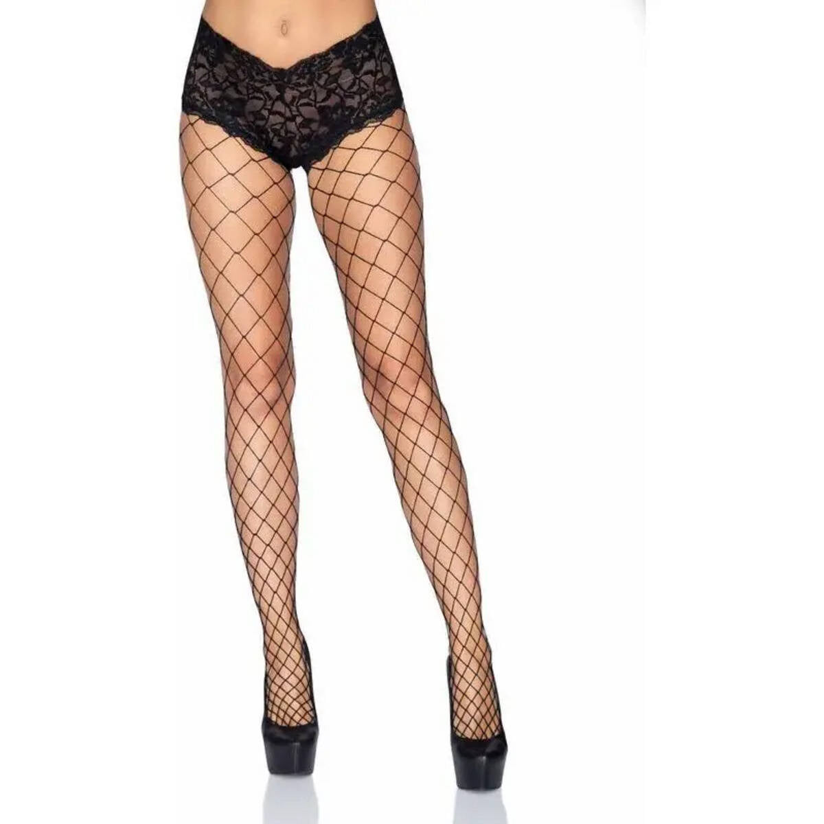 Leg Avenue Evie Fence Net Tights, Black, One Size, Stockings on Model, Front View