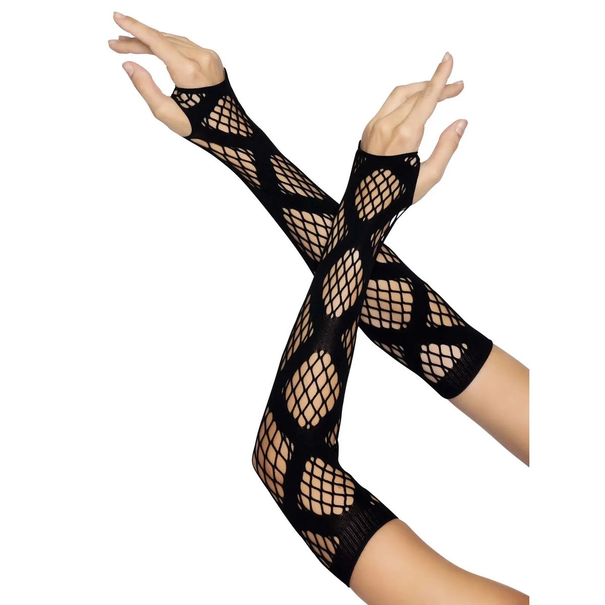 Leg Avenue Faux Wrap Industrial Net Arm Warmers, Black, One Size, Arm Warmers on Female Model Arms, Arms Gently Crossed