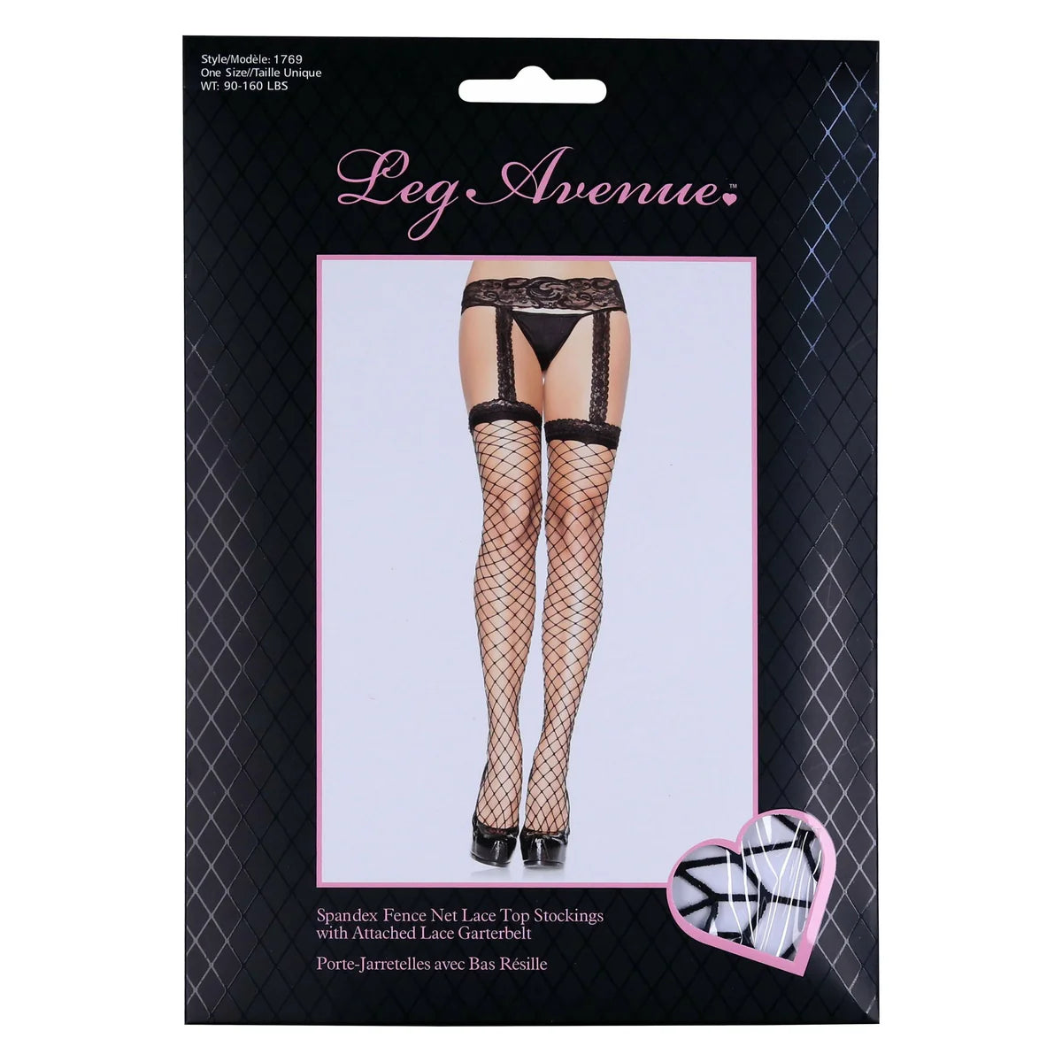 Leg Avenue Fence Net Lace Top Garter Belt Stockings, Black, Product Box, Front