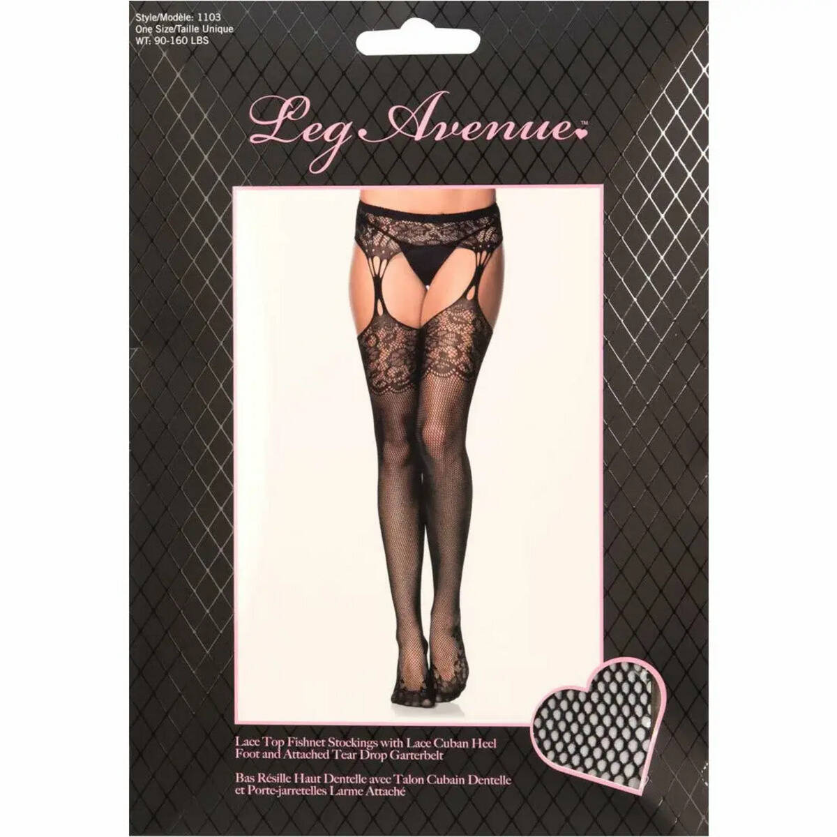 Leg Avenue Iris Fishnet With Garter, Black, One Size, Product Box, Front