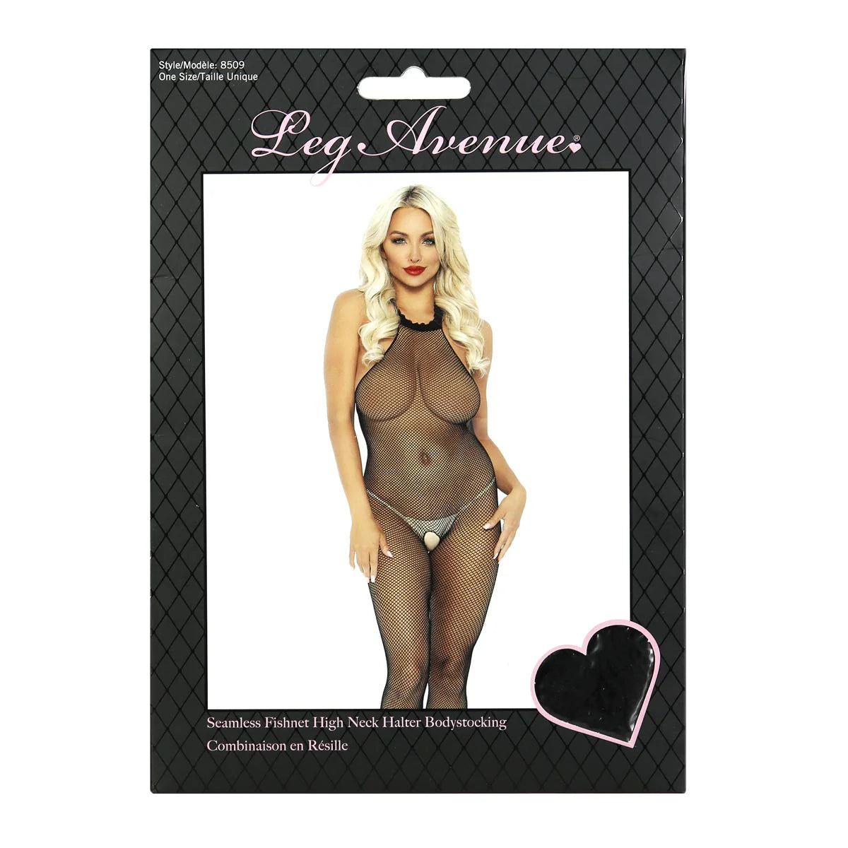 Leg Avenue Its Fate Fishnet Halter Bodystocking, Black, One Size, Product Box, Front