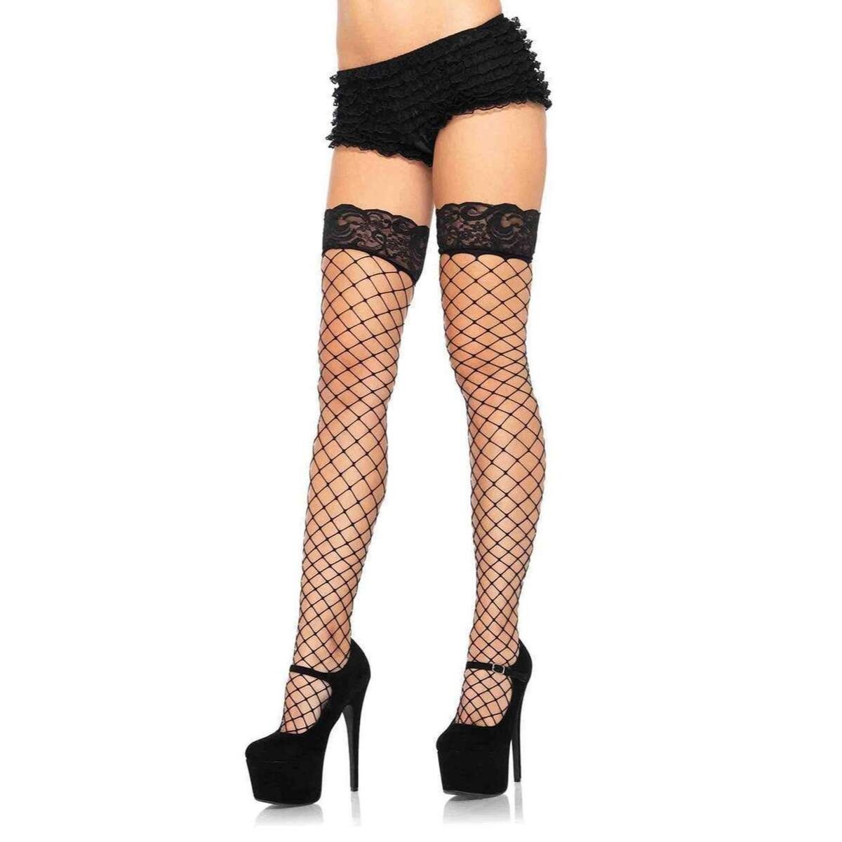 Leg Avenue Oda Net Thigh High Stockings, Black, One Size, Stockings on Model, Full View