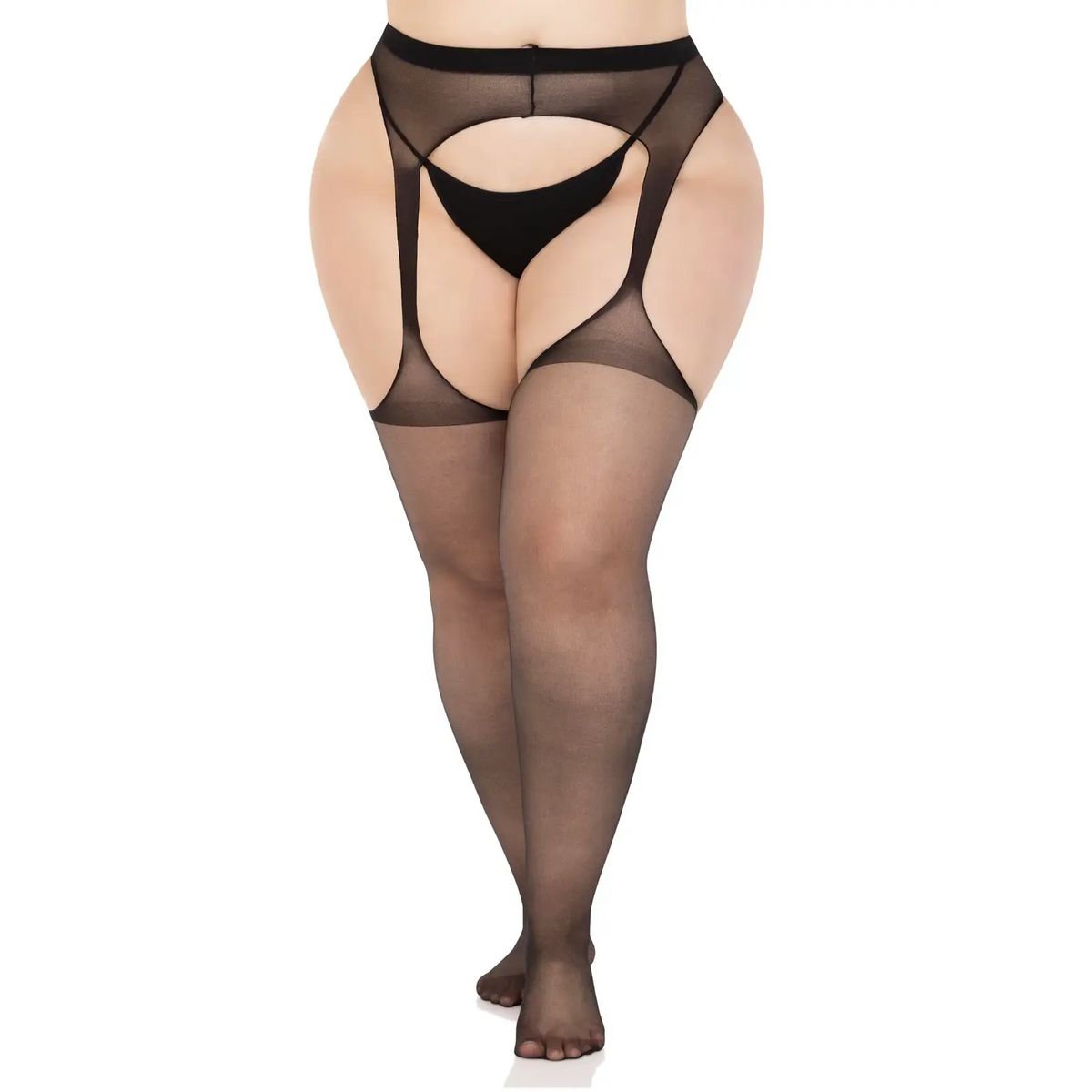 Leg Avenue Plus Eden Sheer Suspender Pantyhose, Black, Plus Size, Stockings on Model, Front View, Left Leg Forward