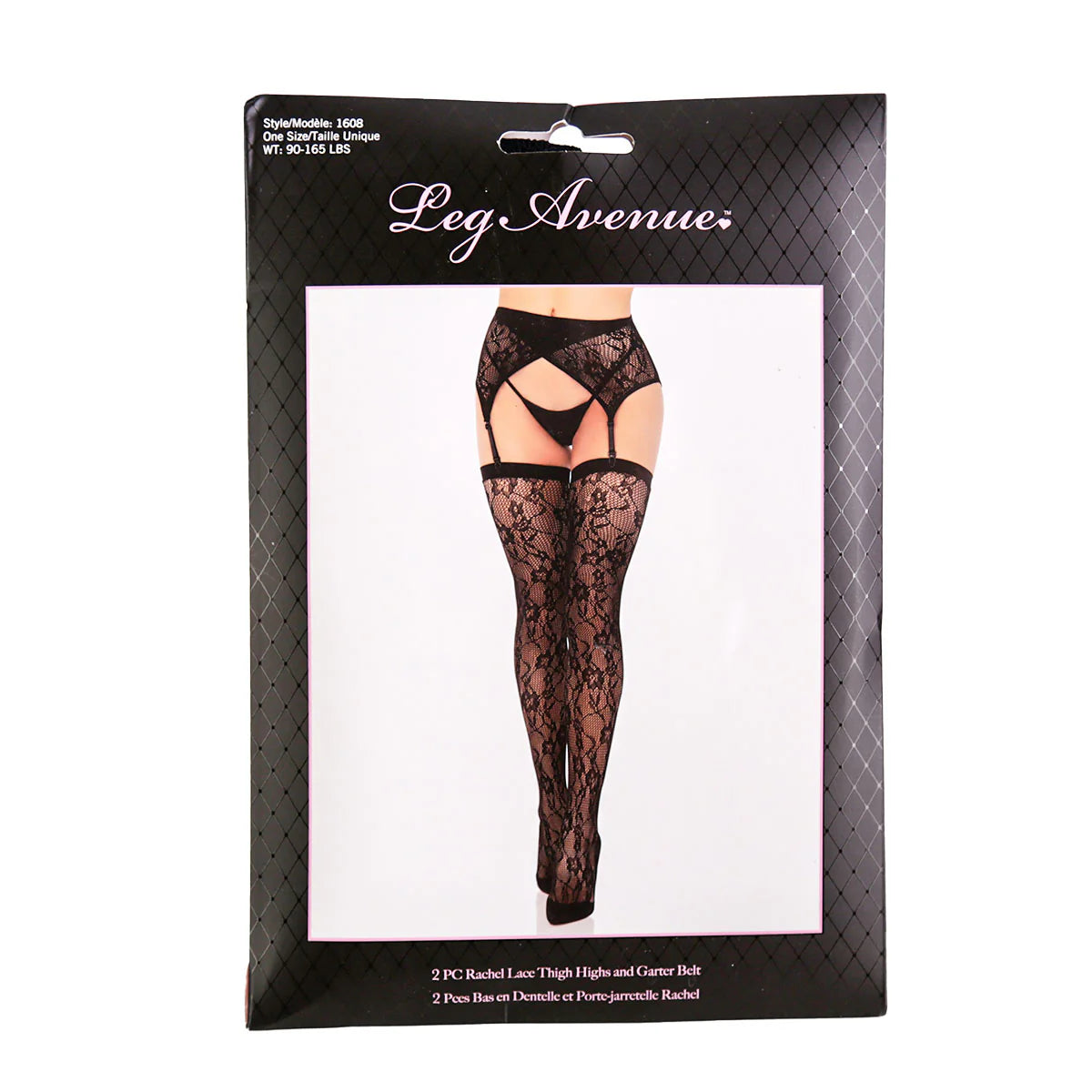 Leg Avenue Rachel Lace Thigh Highs & Garter Belt, Black, One Size, Product Box, Front
