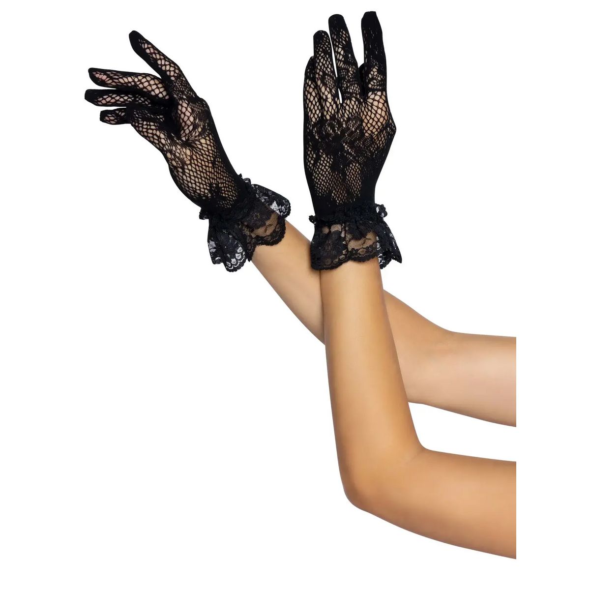 Leg Avenue Wrist Length Lace Gloves, Black, One Size, Lace Gloves on Hands With Arms Crossed