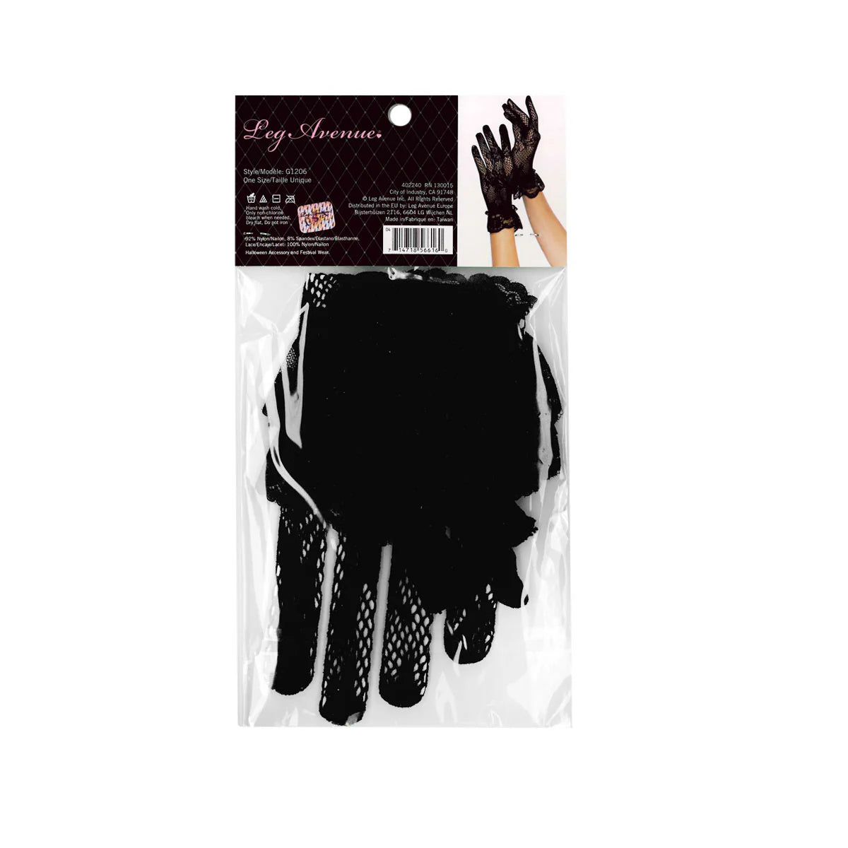 Leg Avenue Wrist Length Lace Gloves, Black, One Size, Product Package, Back