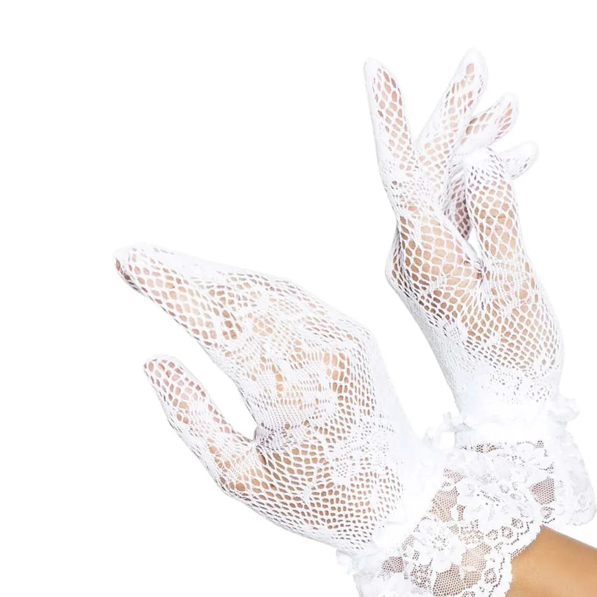 Leg Avenue Wrist Length Lace Gloves, White, One Size, Lace Gloves on Hands, Close Up View